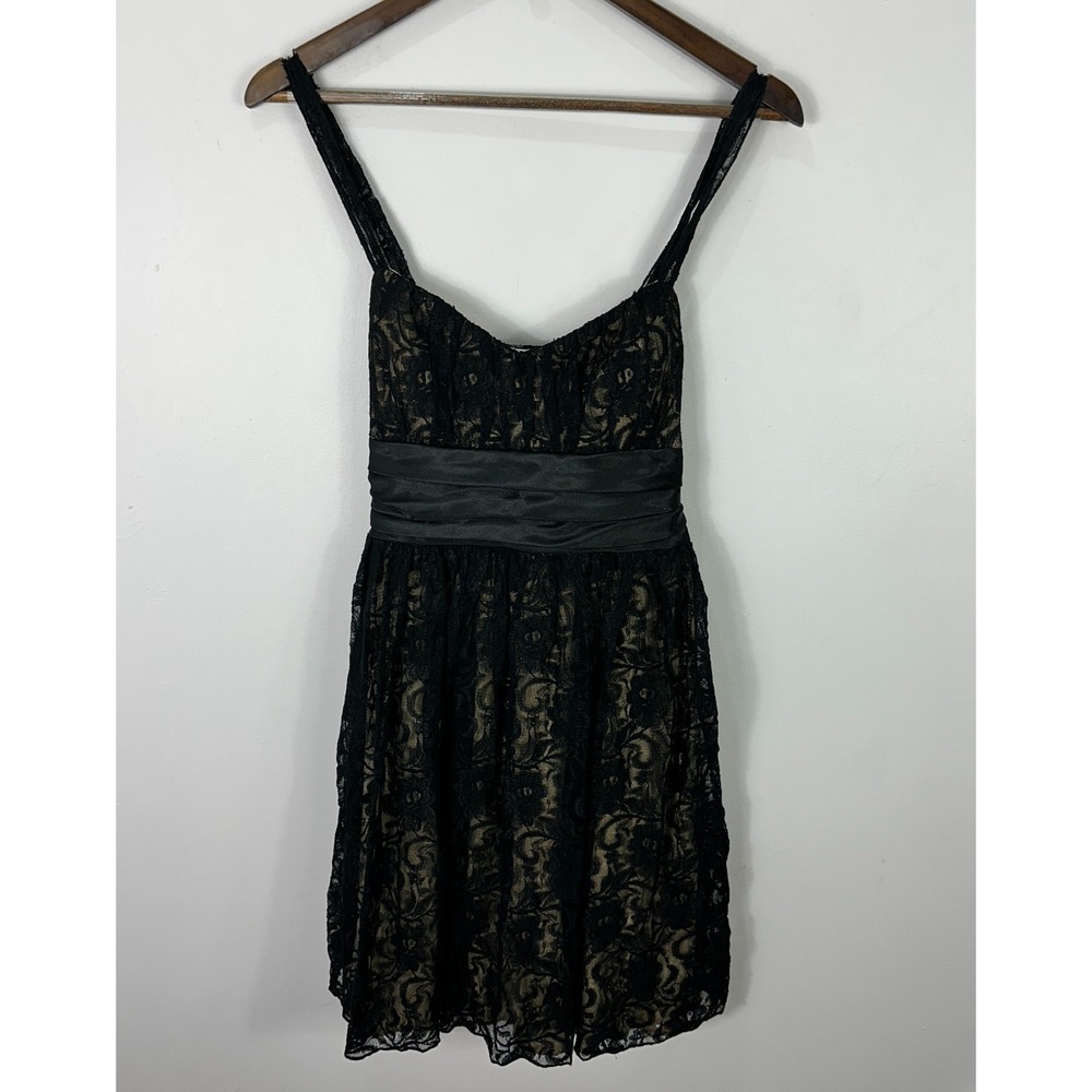 Vtg Y2K Trixxi Black Lace Nude Lined Dress L Whimsigoth‎ Goth Fairy Grunge Prom